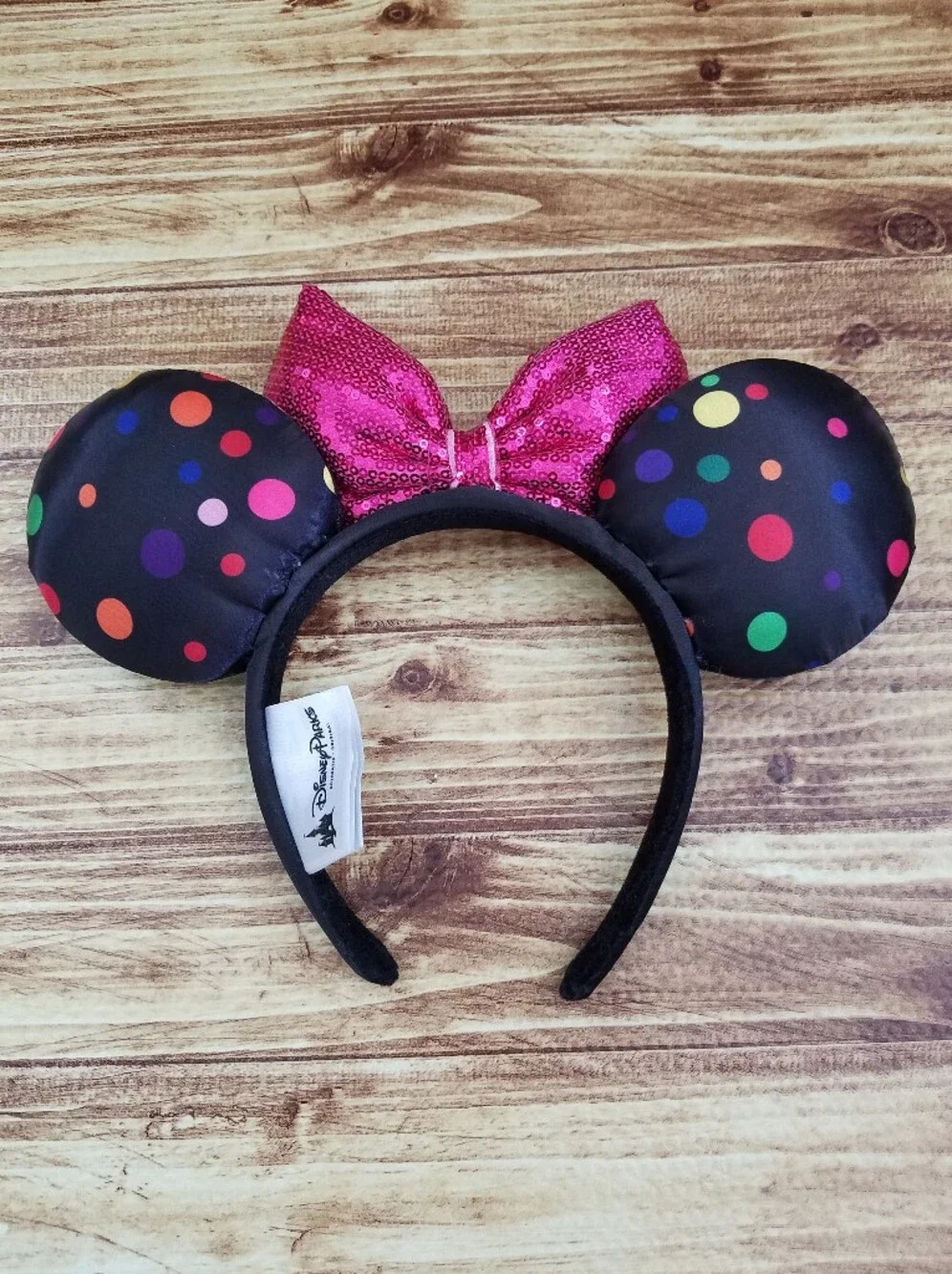 Disney Parks Black Minnie Mouse Ears Headband Pink Rock The Dots Polka Confetti